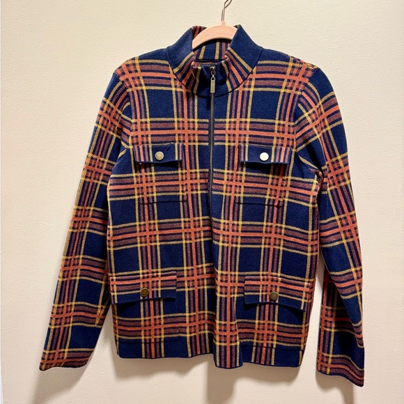 Rachel Zoe Women's Plaid Teddy Jacket in Navy and Rust - Picture 1 of 3